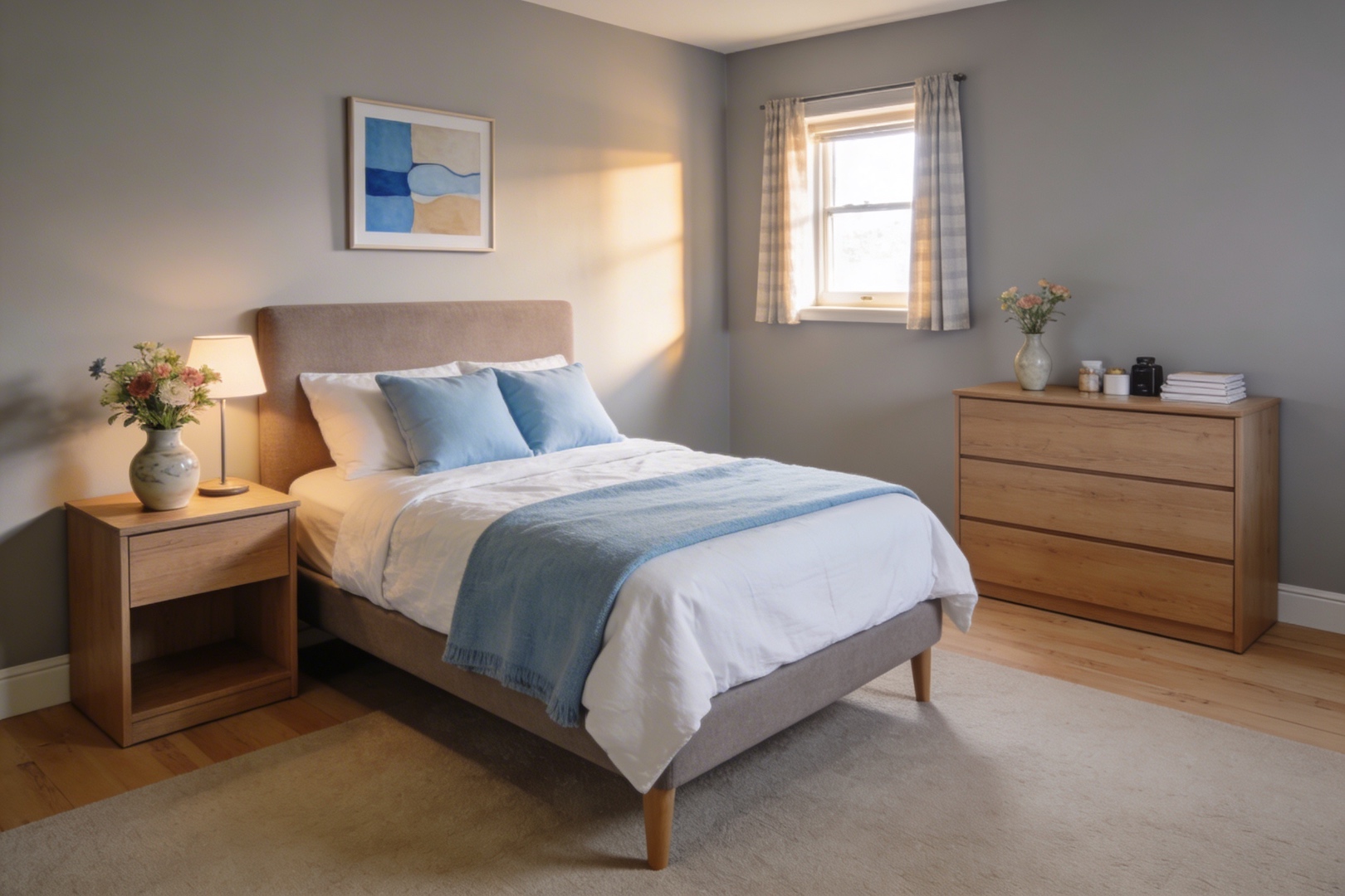 Bright private bedroom with dresser, nightstand, and fresh flowers